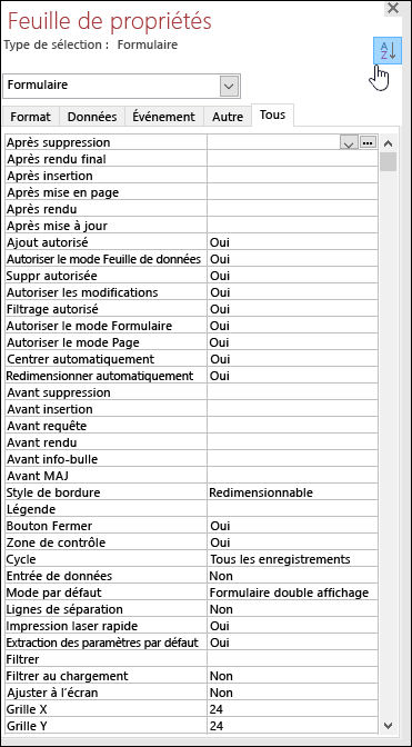 Propriétés triées par ordre alphabétique