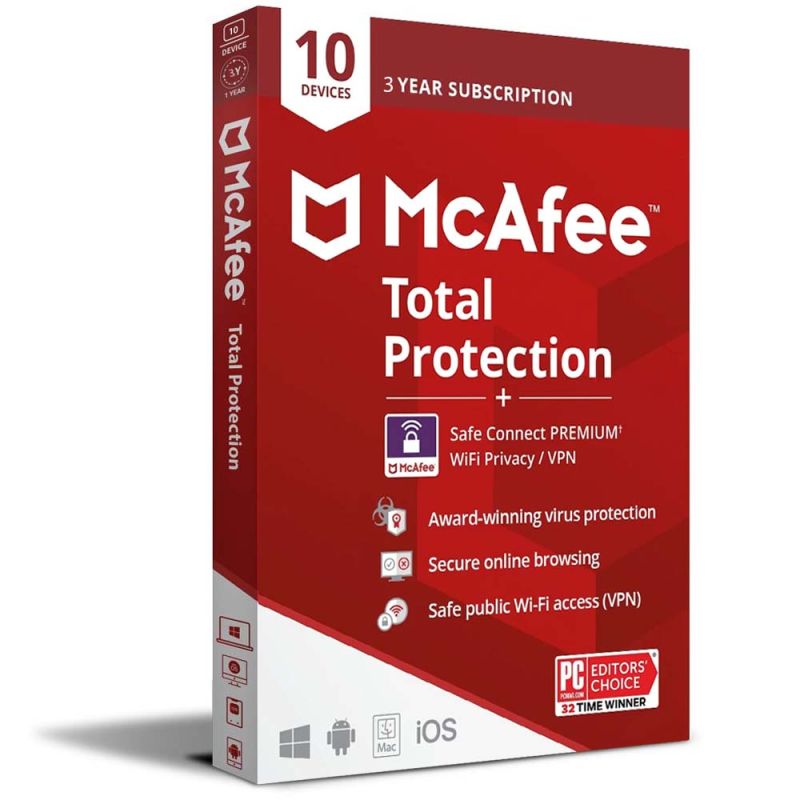 McAfee Total Protection avec Safe Connect VPN 2024-2027, Temps d'exécution : 3 ans, Device: 10 Devices