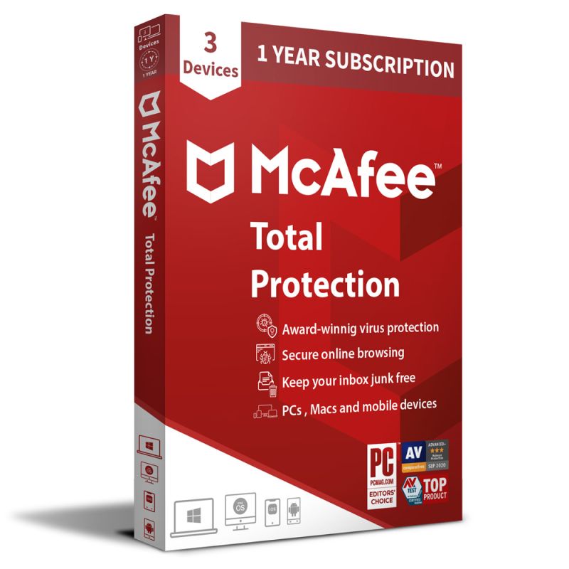 Mcafee Total Protection + VPN 2024-2025, Temps d'exécution : 1 an, Device: 3 Devices